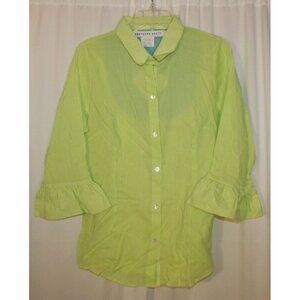 NEW Gretchen Scott Priss Blouse shirt LARGE 12 Green Stripe 3/4 sleeve ruffles